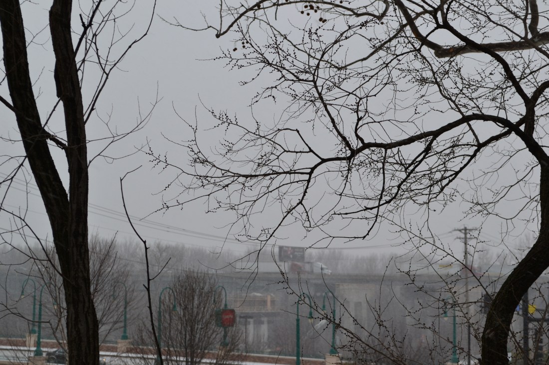 Slow moving traffic on the I-70 bridge into St. Charles, MO.